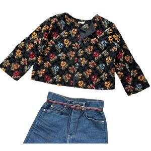 Vtg 60s Women's Brocade Coat Cropped Jacket Black Floral Chenille JOVI Sz S/M